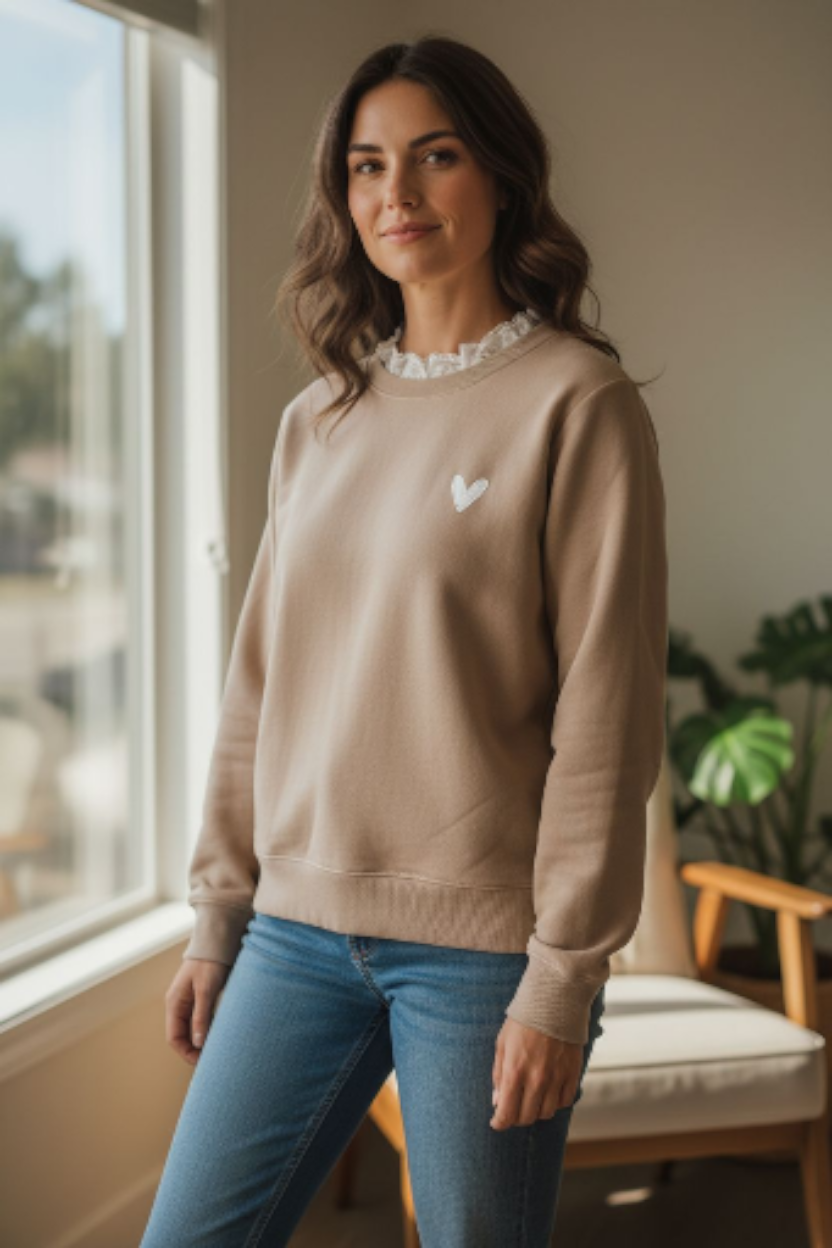 Pull beige avec col dentelle femme