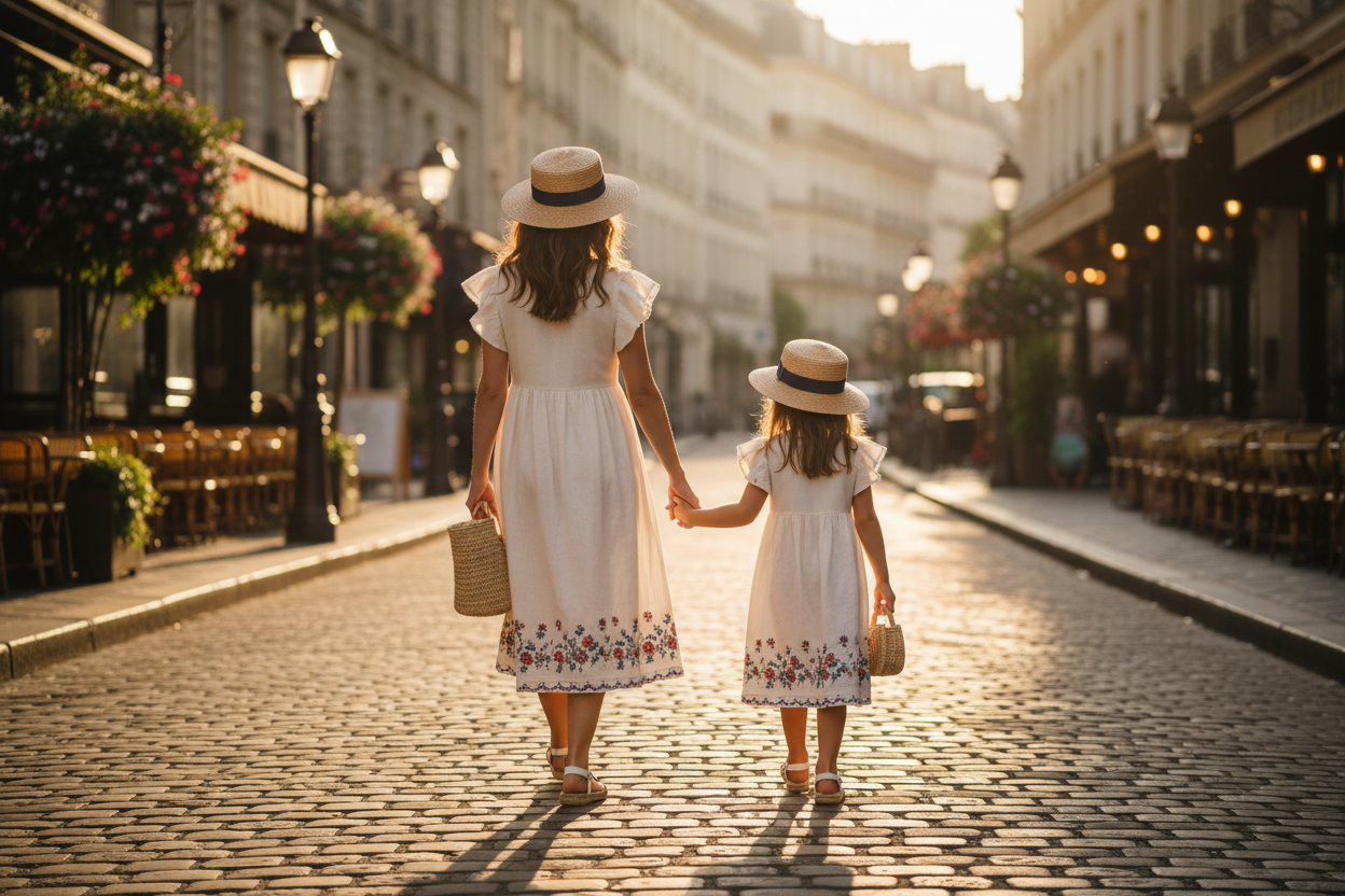 femme et petite fille habillé pareil de dos